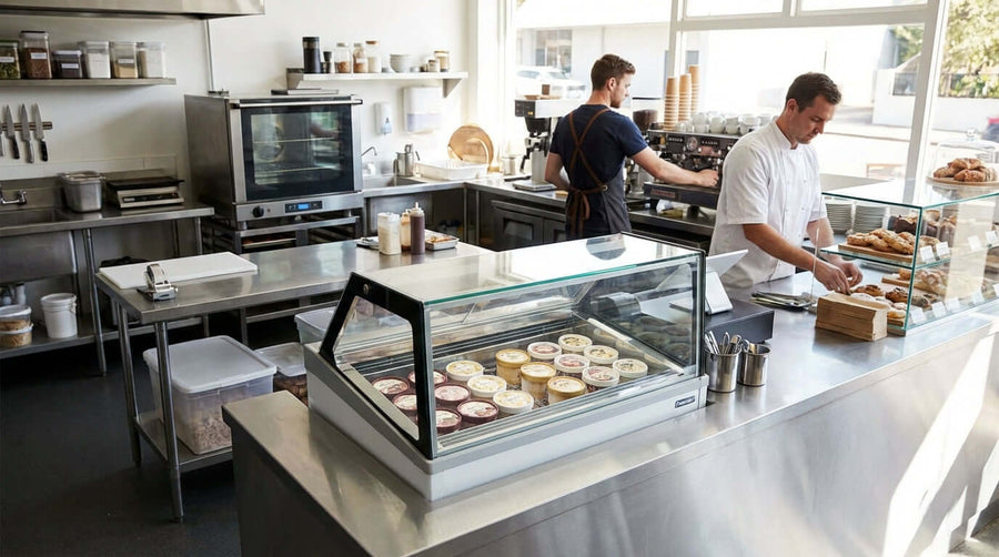 How to Choose the Perfect Commercial Countertop Freezer for Your Business in a busy cafe kitchen with staff and countertop display freezer
