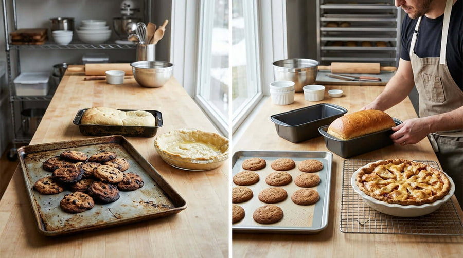 Alt Tag: 5 Common Baking Issues and How the Right Bakeware Can Solve Them with cookies, bread loaves and pie cooling on trays and pans