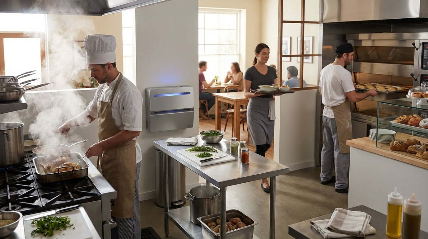 The Science of Smell: Why Odor Neutralizers Work Better Than Air Fresheners in restaurant kitchen with chefs cooking and serving food