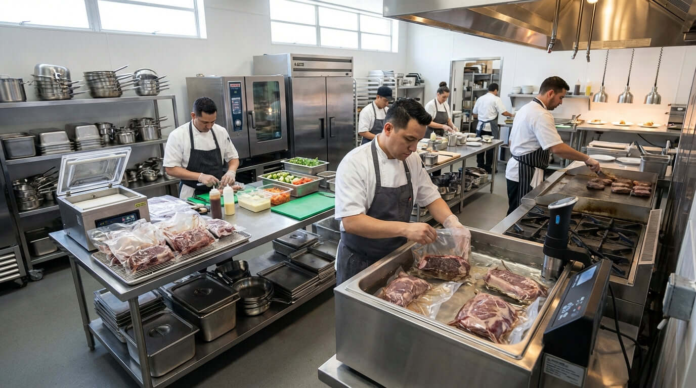 Batch Cooking for Catering: How Sous Vide Can Transform Your Event Services in a professional kitchen prepping sous vide meat for events