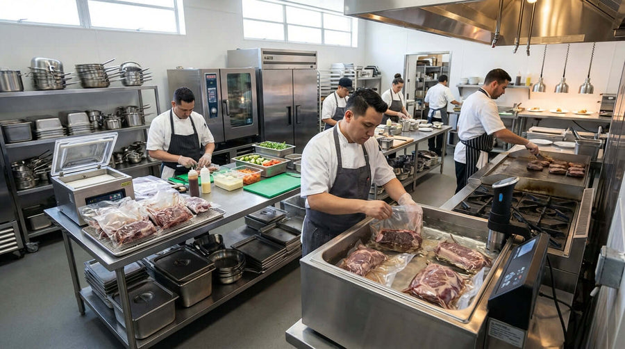 Batch Cooking for Catering: How Sous Vide Can Transform Your Event Services in a professional kitchen prepping sous vide meat for events