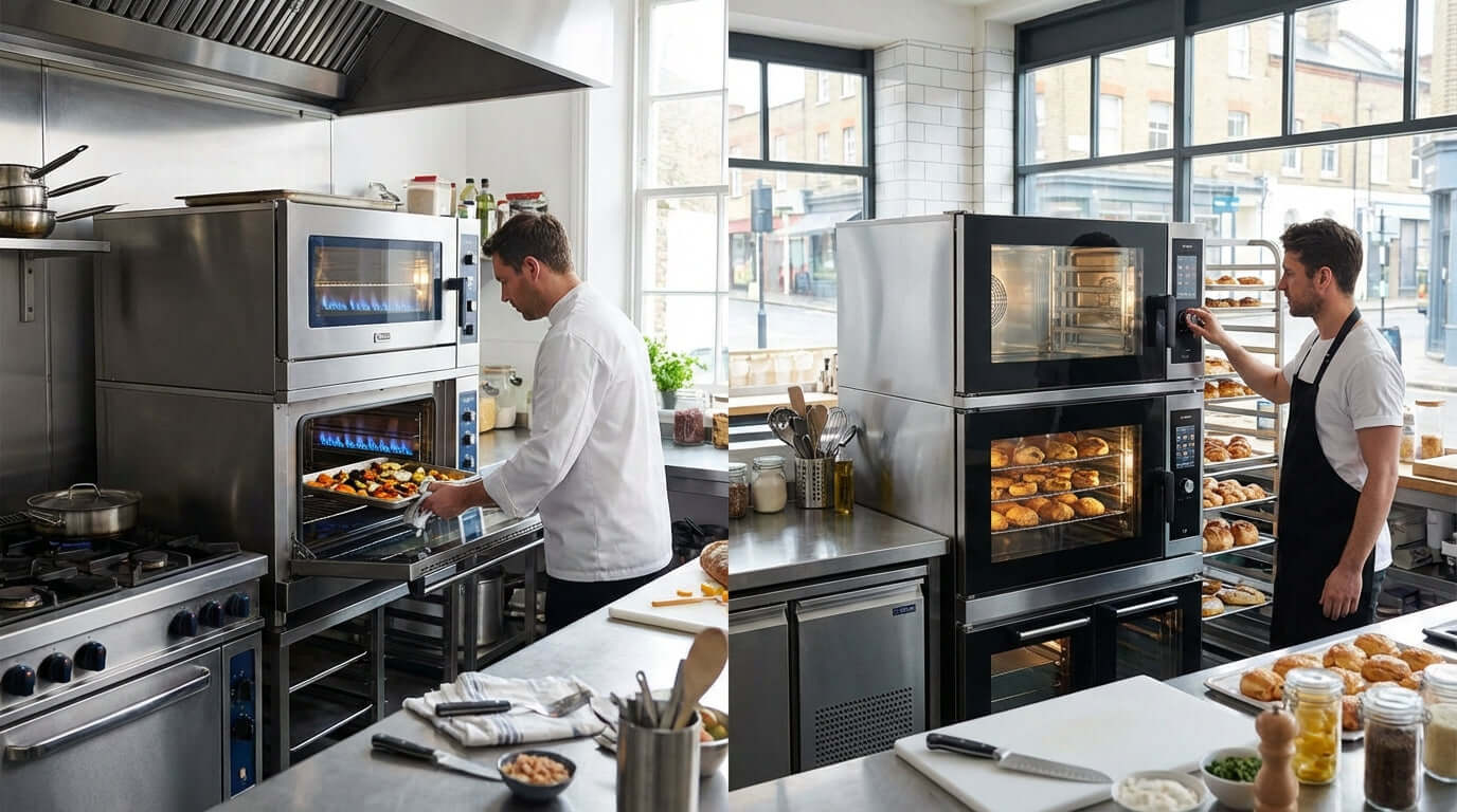 Gas vs. Electric: How to Choose the Right Commercial Convection Oven in a busy restaurant kitchen with chefs using stacked convection ovens