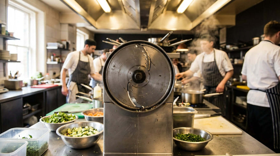 Alt Tag: Commercial kitchen food processor with worn slicing disc showing signs your food processor disc is dull during busy prep
