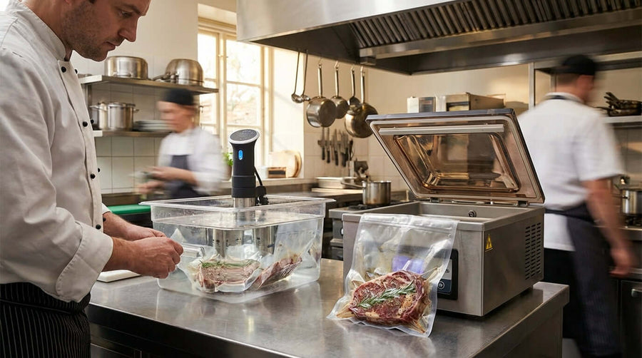Mastering Sous Vide: Why the Right Vacuum Bag Makes All the Difference - chef vacuum sealing meat bags for sous vide in professional kitchen