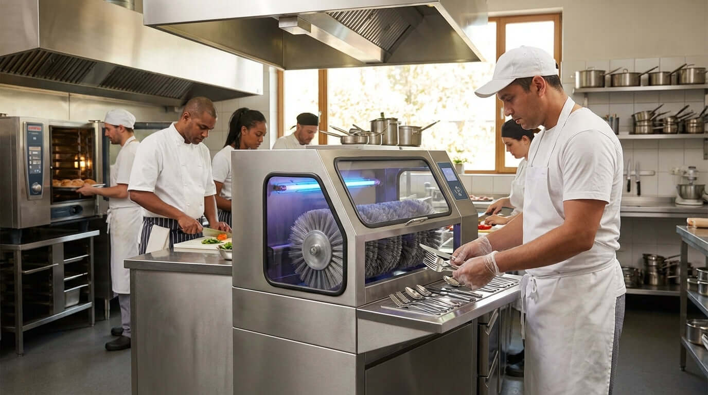 Beyond the Shine: How UV-C Sanitization in Cutlery Polishers Boosts Food Safety – chef loading UV-C cutlery polisher in busy commercial kitchen