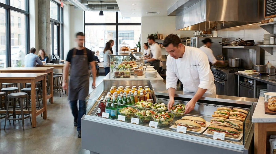 Calculating the ROI of a New Open Air Refrigerator in a busy cafe with grab-and-go open air refrigerator display and prepared foods