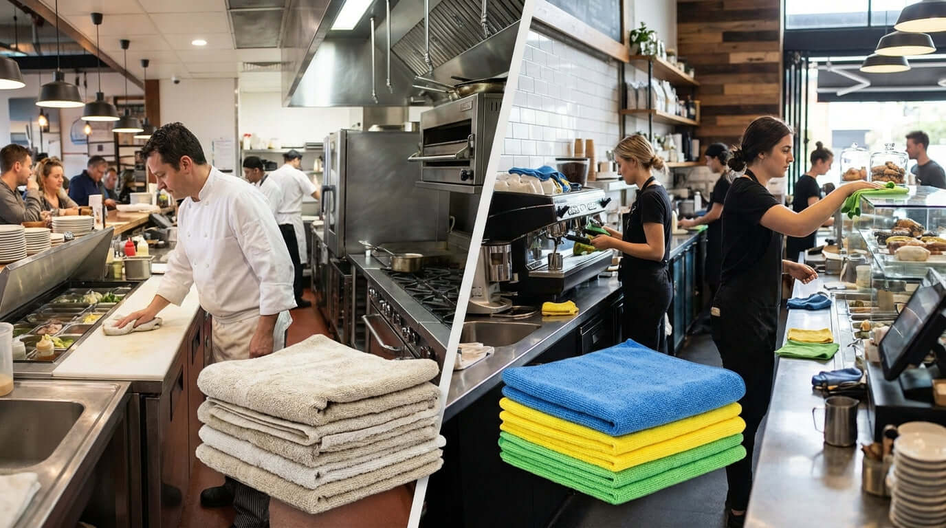 Microfiber vs. Cotton: Why Your Food Service Business Needs to Make the Switch with chef cleaning kitchen, stacked cotton towels, microfiber cloths