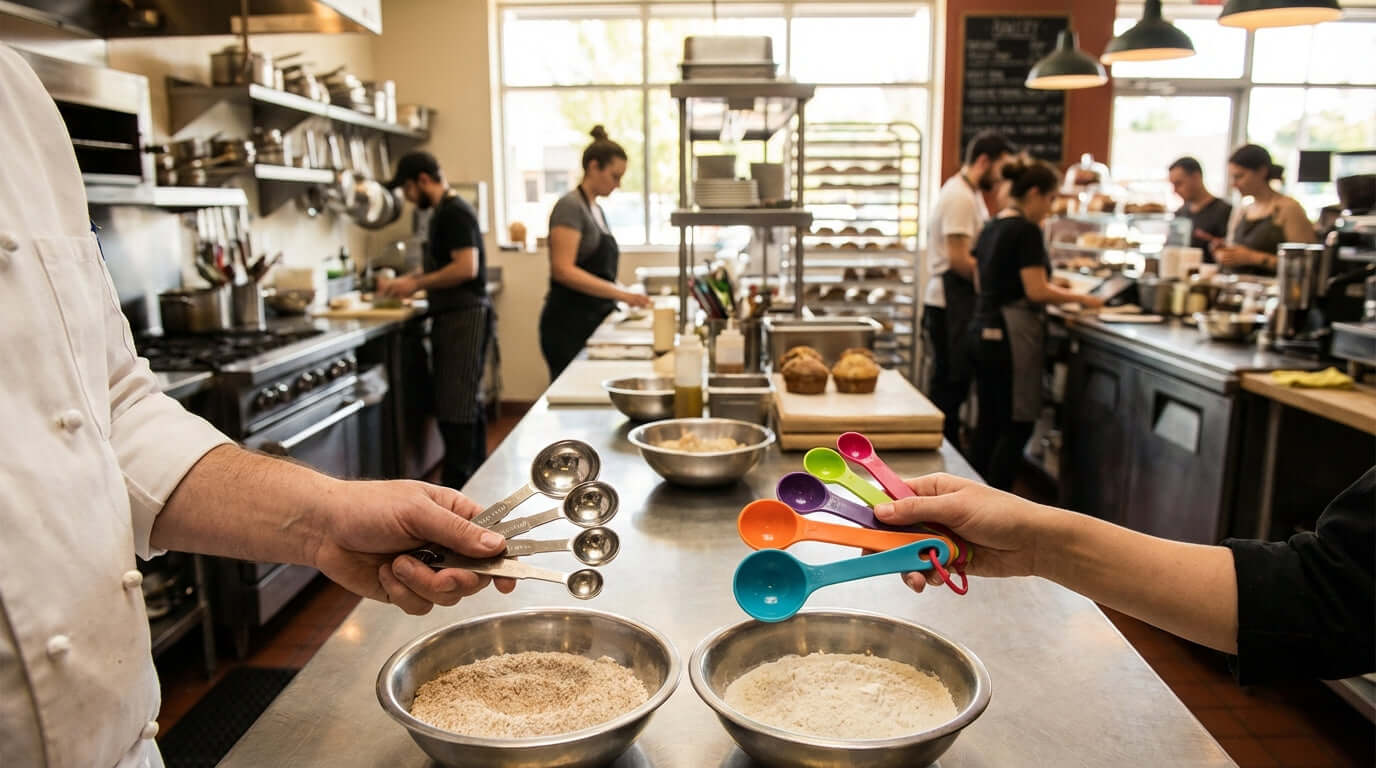 Stainless Steel vs. Plastic: Choosing the Right Measuring Spoons for Your Restaurant with chefs comparing metal and plastic measuring spoons