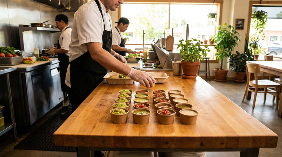Alt Tag: Serving Sustainably: Making the Switch to Eco-Friendly Portion Cups with chef prepping compostable portion cups in restaurant kitchen