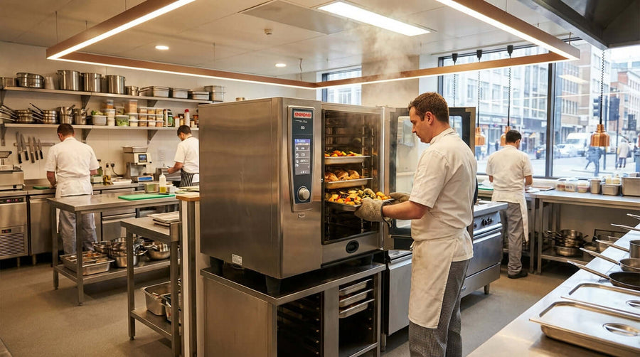 The Ultimate Buyers Guide to Choosing the Perfect Commercial Combi Oven in a busy commercial kitchen with chefs using a stainless combi oven