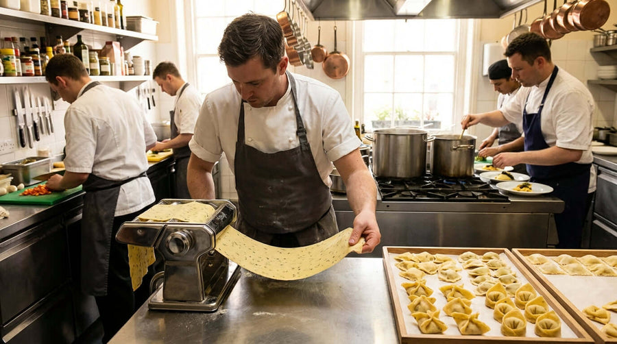 Beyond Fettuccine: Creative Menu Ideas Using Your Countertop Pasta Sheeter in busy commercial kitchen with chefs using countertop pasta sheeter