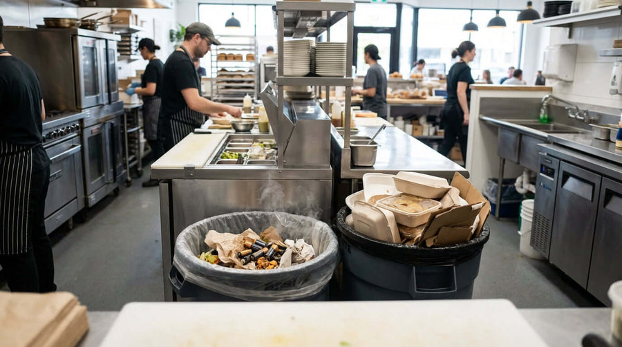 The Hidden Fire Hazard in Your Trash: Why Safe Battery Disposal is Crucial - restaurant kitchen trash bin with batteries and takeout waste