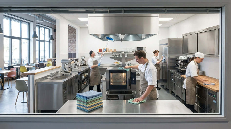 Alt Tag: The ROI of High-Quality Microfiber: A Cost-Saving Analysis for Your Business in commercial kitchen staff cleaning stainless counters
