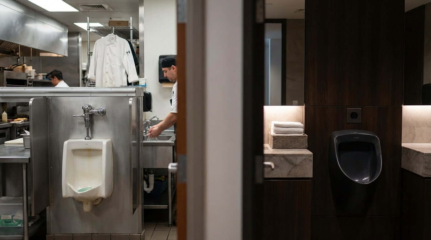 Coût vs. Impression : Le vrai retour sur investissement dans des écrans d’urinoir de qualité dans des toilettes de restaurant haut de gamme mettant en valeur un design moderne d’urinoir