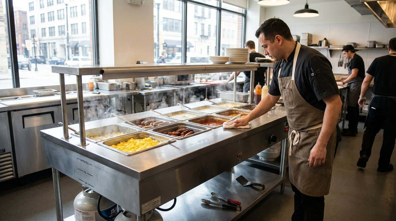 5 Essential Maintenance Tips to Keep Your LP Steam Table Running Smoothly - chef cleaning commercial steam table in restaurant kitchen