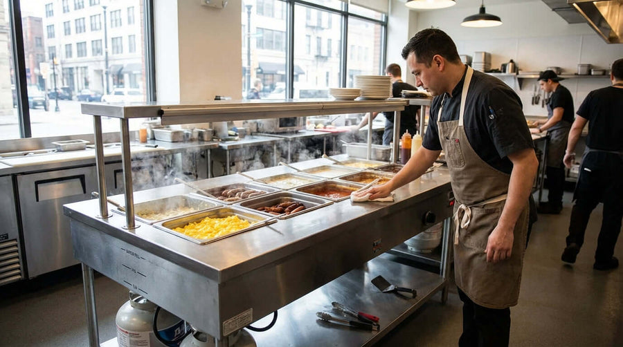 5 Essential Maintenance Tips to Keep Your LP Steam Table Running Smoothly - chef cleaning commercial steam table in restaurant kitchen