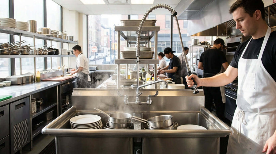 5 Essential Maintenance Tips to Extend the Life of Your Pre-Rinse Faucet—chef using commercial kitchen pre-rinse sprayer at dishwashing station