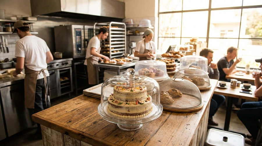 More Than Just a Lid: 5 Reasons Your Business Needs Cake Covers - bakery counter with cakes under glass covers and staff preparing pastries