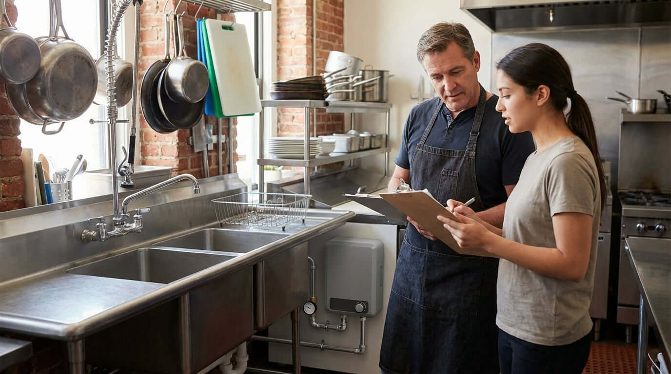 Kitchen staff inspecting dishwashing area with sanitizing sink heater for restaurants to meet health code compliance
