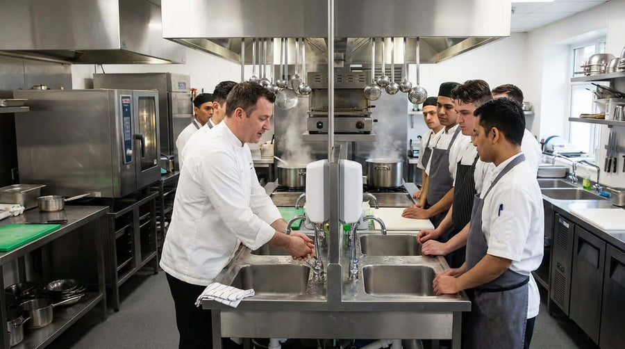 Chef demonstrates staff hand hygiene training protocols to kitchen team at commercial sink in restaurant kitchen