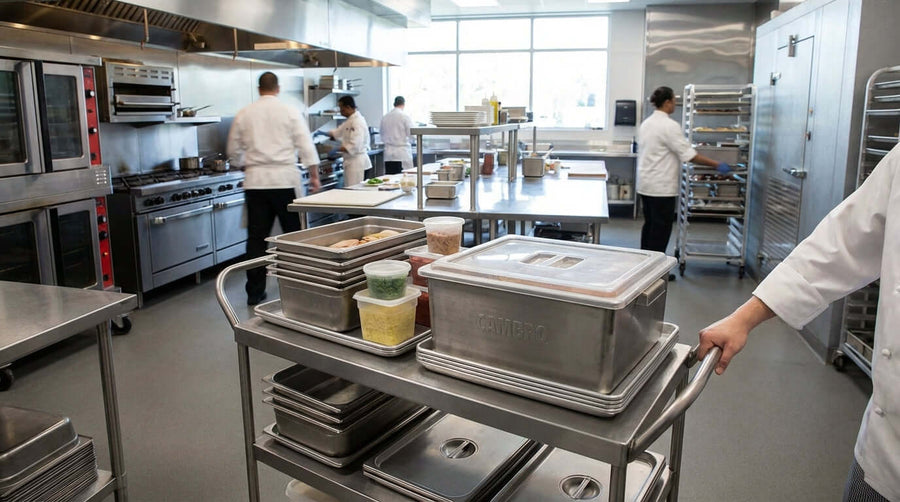 Comment les chariots à plateforme révolutionnent l’efficacité des cuisines commerciales dans une cuisine commerciale animée où des chefs déplacent des plateaux de préparation sur un chariot en acier inoxydable