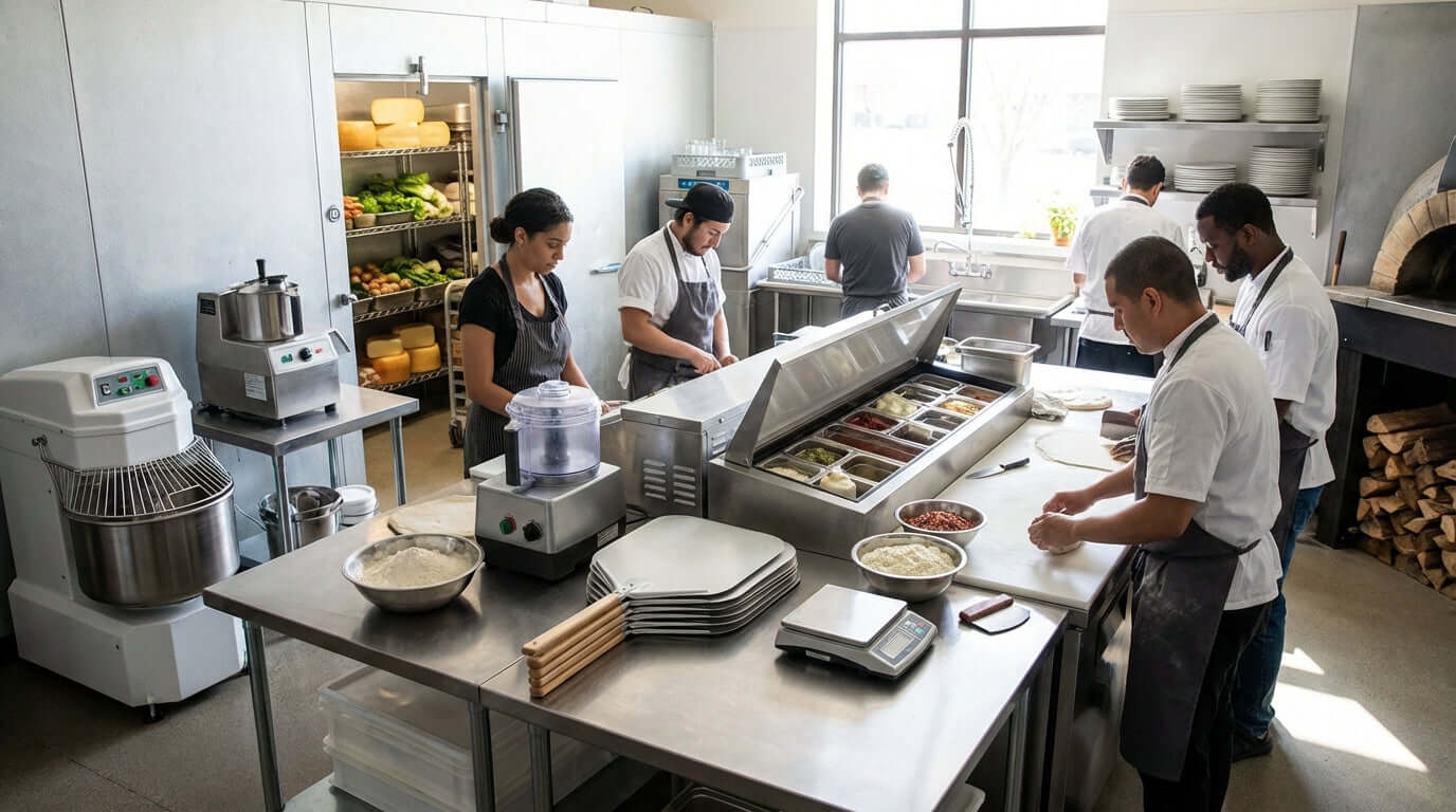 The Ultimate Pizzeria Equipment Checklist: Beyond the Oven commercial pizza kitchen prep station with staff, dough mixer, ingredient bins