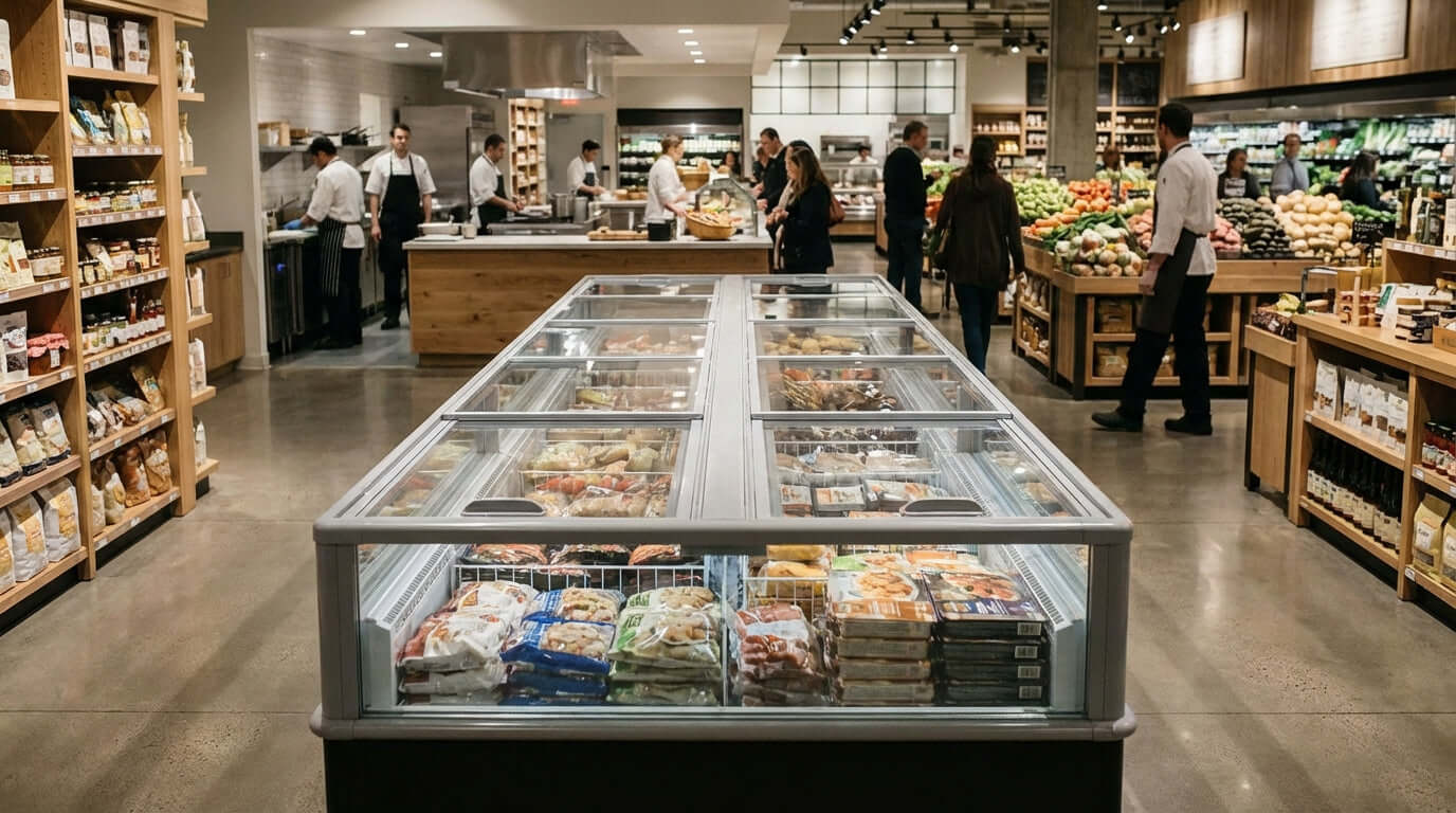 Alt Tag: Chilling Your Costs: A Guide to Energy-Efficient Island Freezers in a grocery store with glass-top island freezer displays