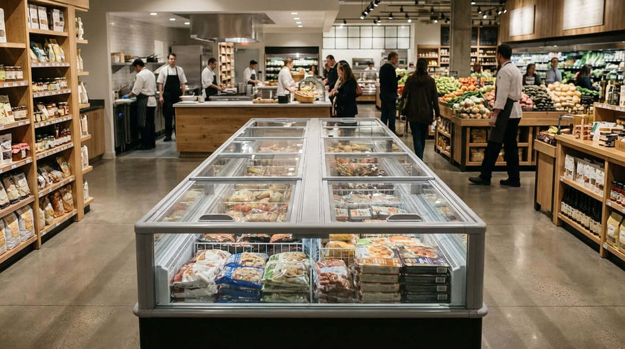 Alt Tag: Chilling Your Costs: A Guide to Energy-Efficient Island Freezers in a grocery store with glass-top island freezer displays