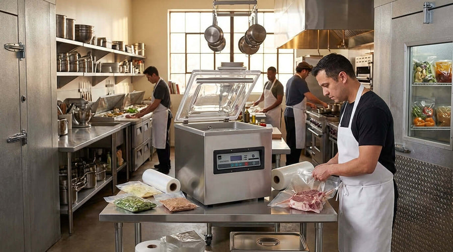 The Ultimate Guide: Choosing the Right Vacuum Sealer Bags for Your Restaurant - chef vacuum sealing meat in a busy commercial kitchen