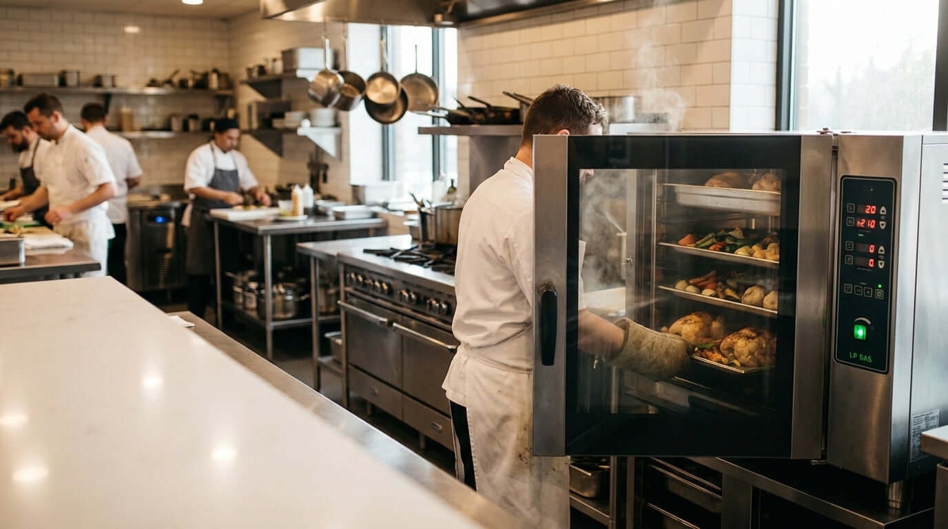 How an LP Convection Oven Can Lower Your Kitchens Operating Costs in a busy commercial kitchen with chef using convection oven