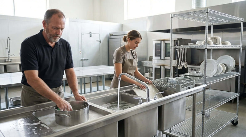 Food service staff demonstrate wash rinse sanitize air dry method for dishwashing at a commercial triple sink station
