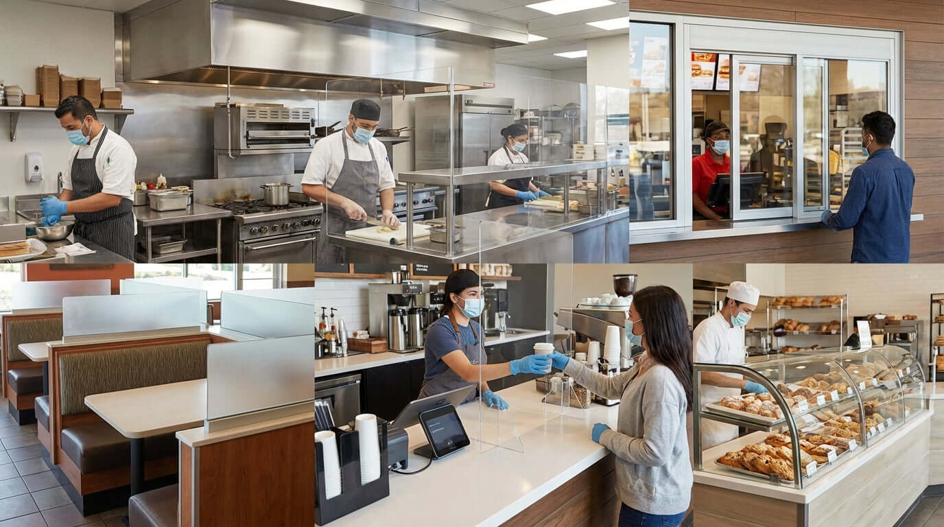 Navigating Health Codes: How Safety Barriers Keep Your Business Compliant with plexiglass partitions in restaurant kitchen, counter, and drive-thru