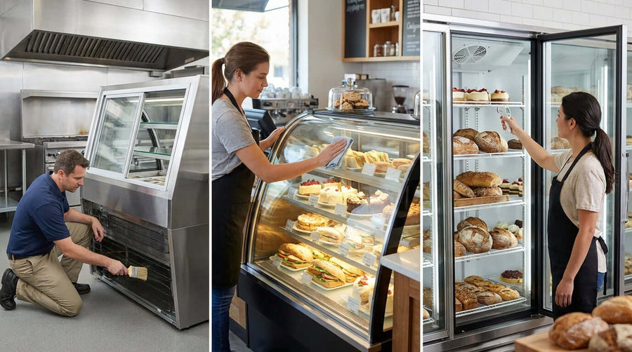Alt Tag: Keep it Cool & Clean: Your Essential Maintenance Checklist for Refrigerated Showcases—staff cleaning and maintaining bakery refrigerated display cases