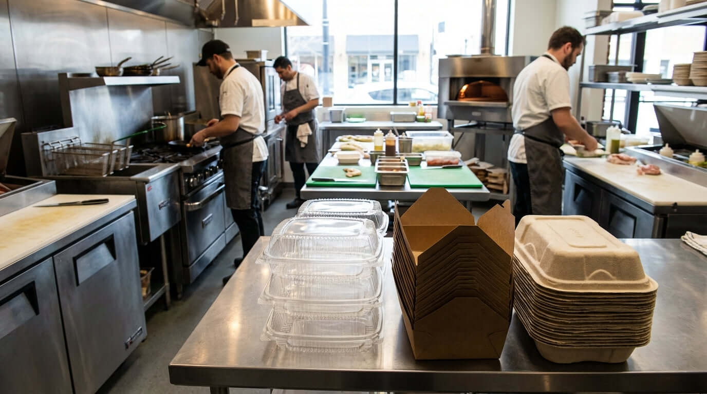 Plastic vs. Paper vs. Plant-Based: Which Takeout Container Material Reigns Supreme? takeout containers prepped in commercial kitchen