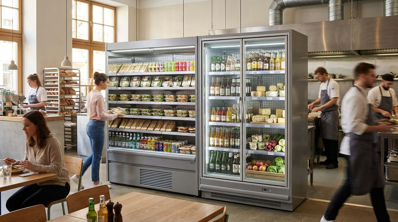 Open Air vs. Glass Door Merchandisers: Which is Best for You? open-air and glass-door refrigerated displays in a busy café