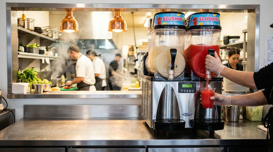 Alt Tag: The Coolest Investment: Calculating the ROI of Your Commercial Slushie Machine in restaurant kitchen with dual commercial slushie machine