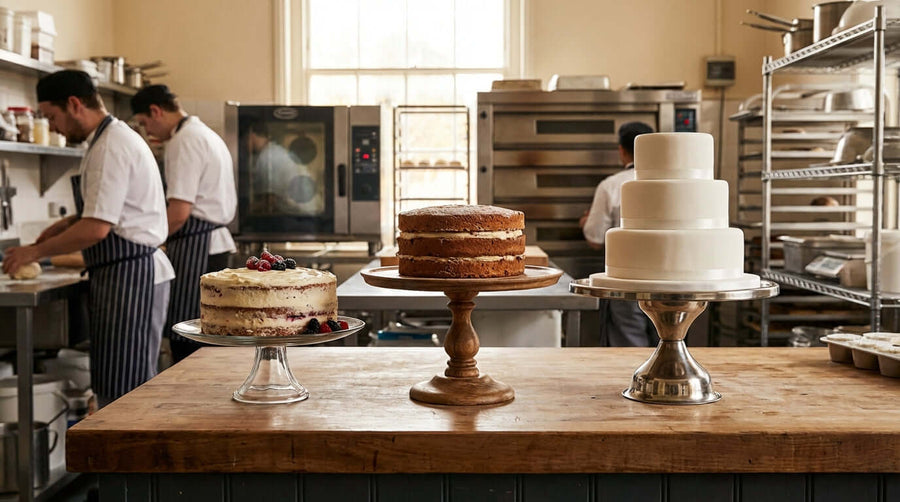 Glass vs. Wood vs. Metal: A Guide to Cake Stand Materials showing glass, wood, and metal cake stands holding cakes in a bakery kitchen