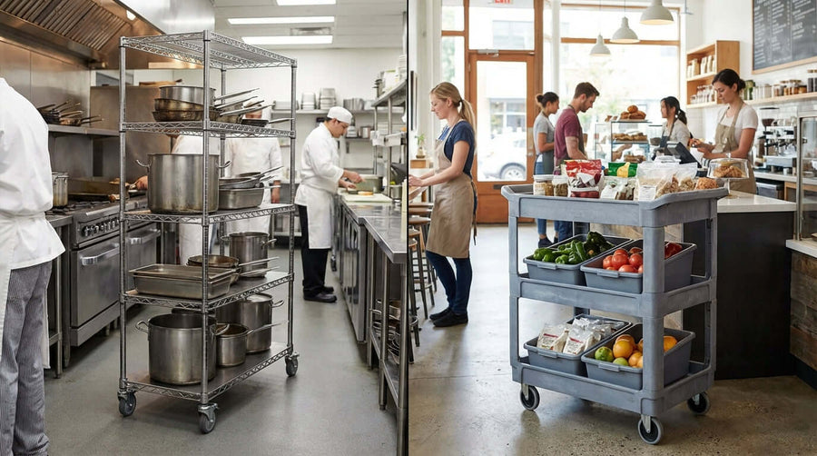 Steel vs. Plastic: Which Stocking Cart Material is Best for Your Business? busy commercial kitchen with carts for stocking supplies