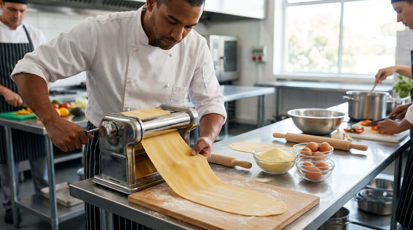 Chef laminating pasta dough with countertop sheeter in kitchen - 5 Pro Tips for Perfect Pasta Dough Lamination Using Your Sheeter