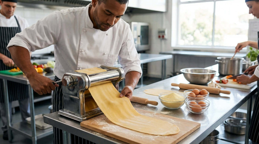 Chef laminating pasta dough with countertop sheeter in kitchen - 5 Pro Tips for Perfect Pasta Dough Lamination Using Your Sheeter