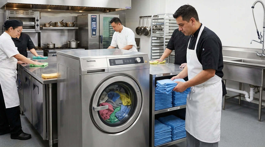 How to Properly Wash and Maintain Your Microfiber to Maximize Lifespan in commercial kitchen laundry with staff folding microfiber towels