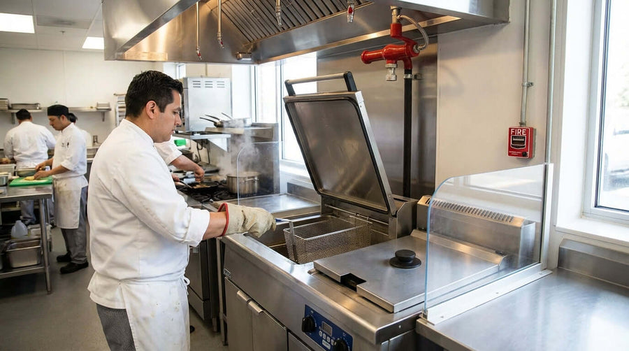 Safety First: Top Safety Features to Look for in an Electric Floor Fryer commercial kitchen chef operating electric floor fryer safely