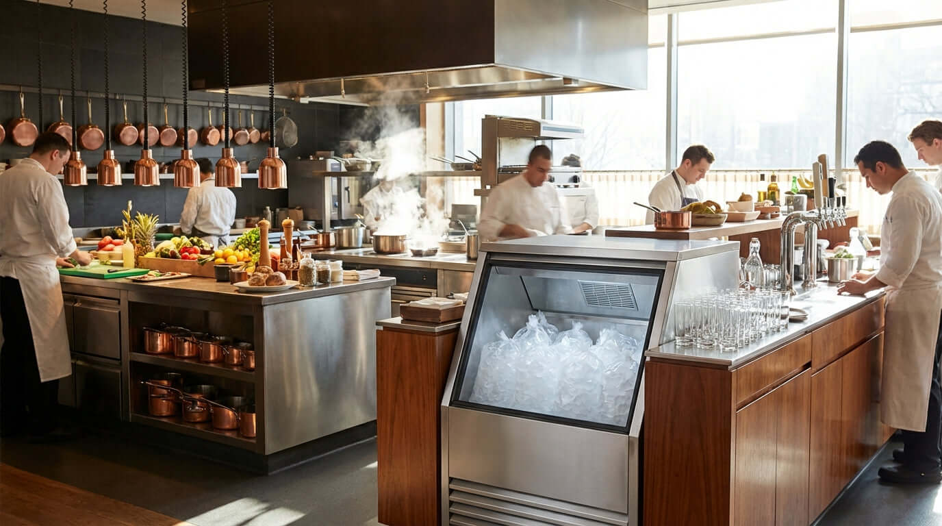 Maximizing ROI: How a Strategically Placed Ice Merchandiser Boosts Sales indoor ice merchandiser in busy restaurant kitchen