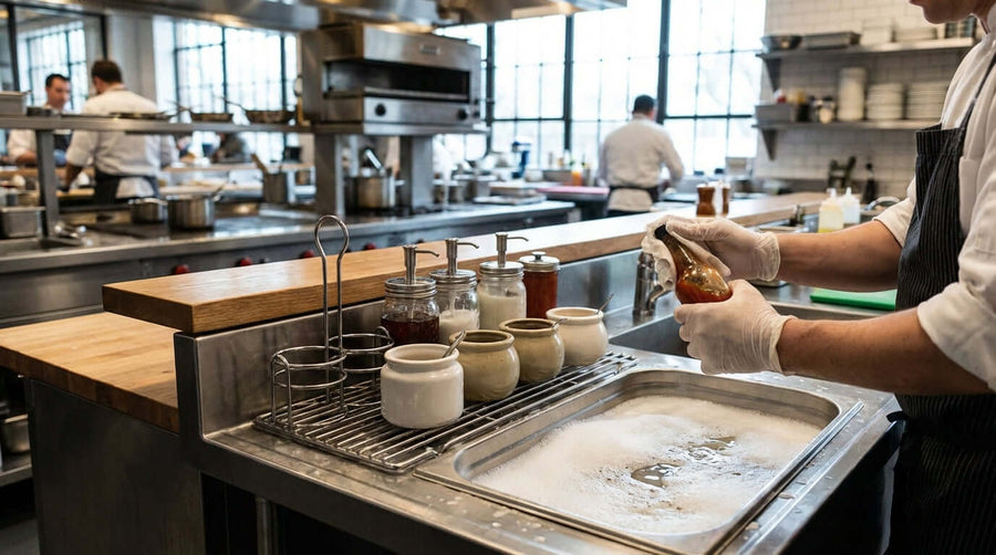 Keeping It Clean: Best Practices for Cleaning and Maintaining Your Condiment Holders - restaurant staff washing condiment bottles and jars at sink