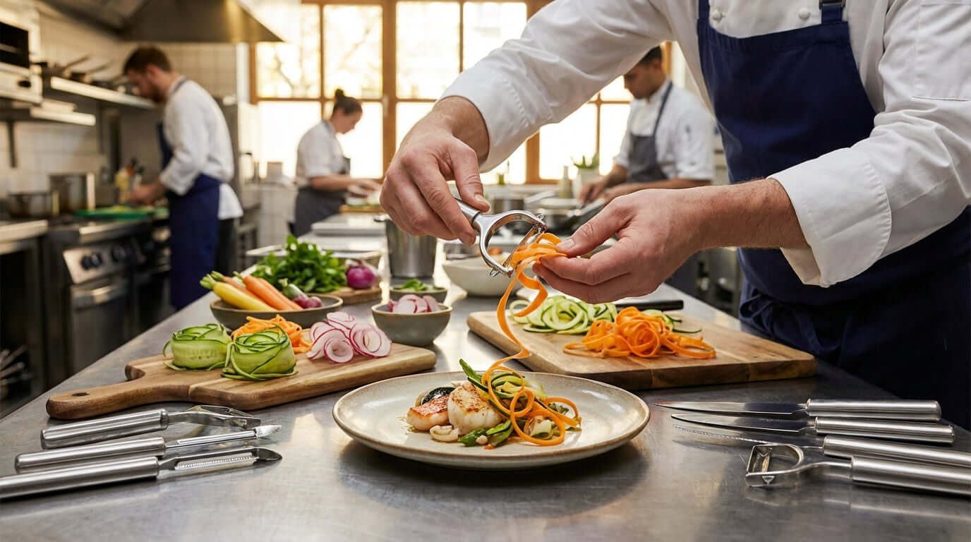 Beyond the Basics: Creative Garnishes You Can Make with a Julienne Peeler – chef plating julienned vegetable ribbons and citrus curls in a restaurant kitchen