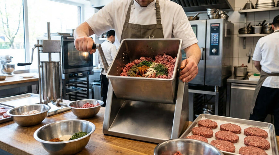 Alt Tag: The Ultimate Guide to Choosing the Right Manual Meat Mixer - chef using manual meat mixer to blend ground meat and seasonings in kitchen