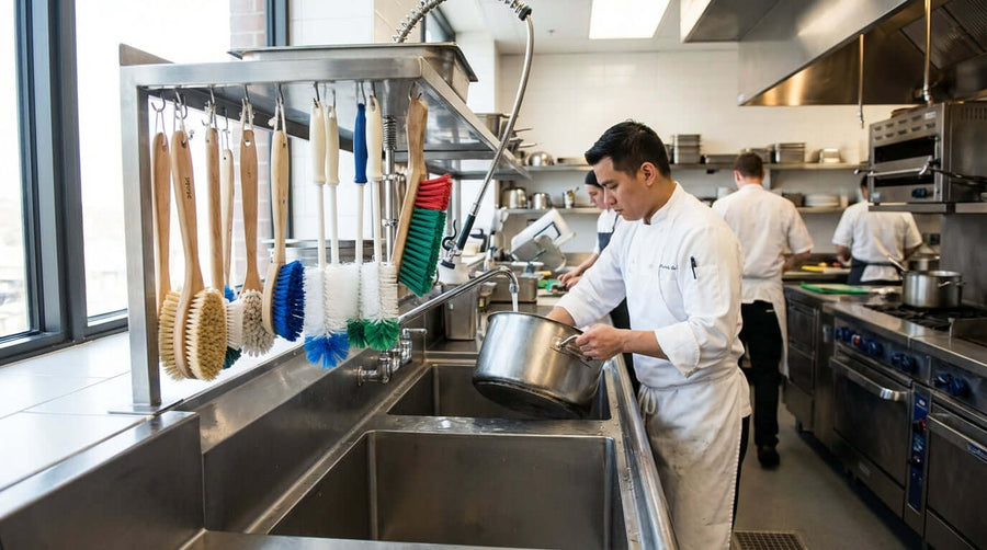 5 Tips to Extend the Life of Your Food Service Cleaning Brushes in commercial kitchen as chef washes pot near hanging cleaning brushes