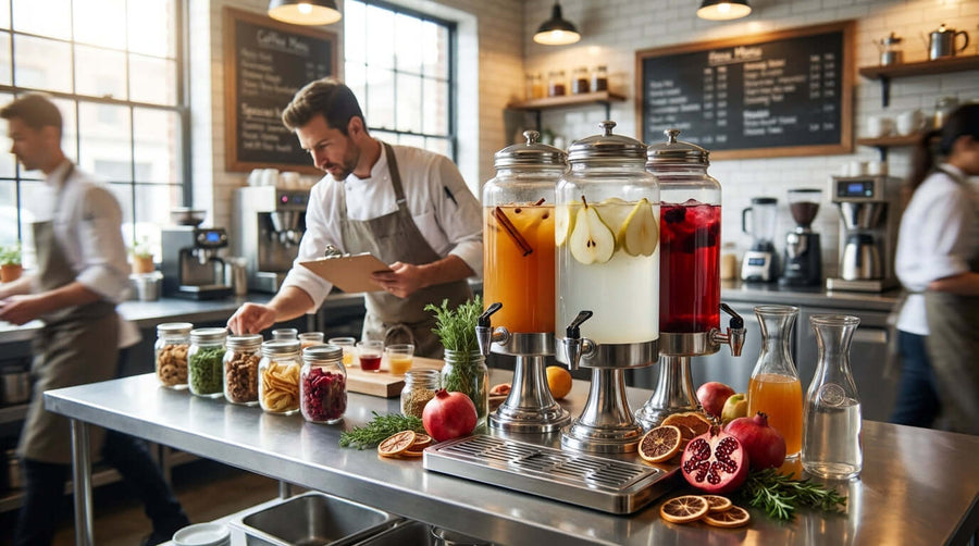 Alt Tag: Seasonal Sips: Updating Your Beverage Dispenser Menu Throughout the Year with fresh fruit drink dispensers in a café kitchen