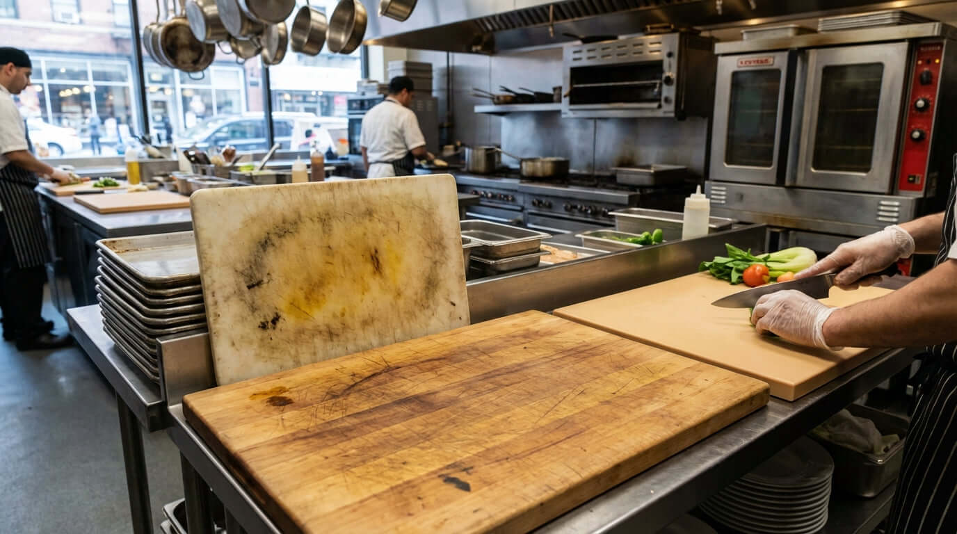 Alt Tag: Chefs prepping vegetables on worn boards in a busy kitchen, illustrating commercial cutting board lifespan and when to resurface or replace