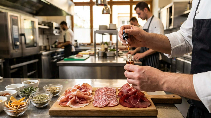 Flavor Fusion: Pairing Concentrated Aromas with Cured Meats, chef adding aroma to charcuterie board with salami, prosciutto and herbs